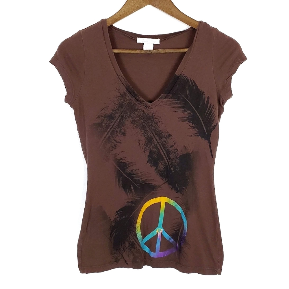 Charlotte Russe Womens Peace Sign Short Sleeve V-Neck T-Shirt Size S Small Brown